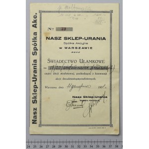 NASZ SKLEP-URANIA Sp. Akc., Świadectwo ułamkowe 1931 r. - rzadkie