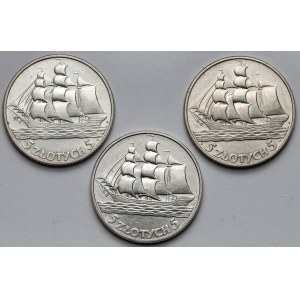 Żaglowiec 5 złotych 1936 - zestaw (3szt)