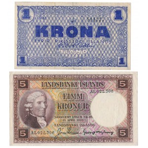 Island, 1 koruna 1941 a 5 korún 1928 (2ks)