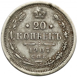 Rusko, Mikuláš II, 20 kopějek 1907 EB - dobový padělek