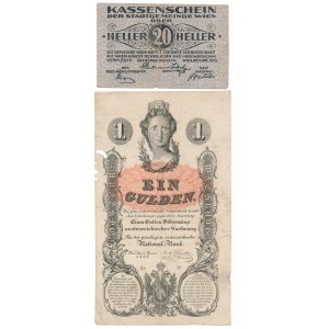 Rakúsko, 1 Gulden 1858 a 20 Heller 1919 (2ks)