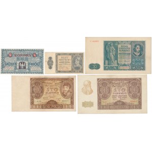 Satz polnischer Banknoten 1932-41 und Notgeld Kraków 1/2 kr (5 Stück)