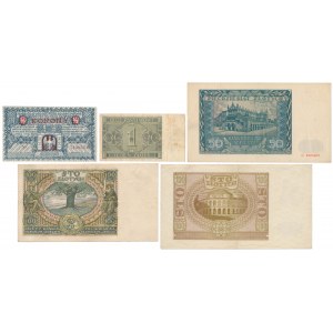 Satz polnischer Banknoten 1932-41 und Notgeld Kraków 1/2 kr (5 Stück)