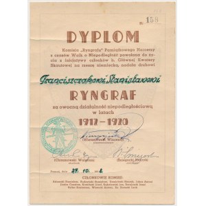 II RP, diplom Pamätného rygrafu skautov z bojov za nezávislosť 1938