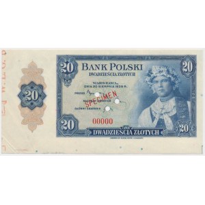 ABNCo, 20 złotych 1939 - SPECIMEN - szerokie marginesy z oznaczeniami arkusza