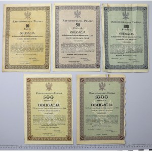 5% Poż. Konwersyjna 1924-26, Obligacje 10-1.000 zł, zestaw (9szt)