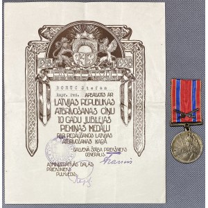 Lotyšsko, medaila k 10. výročiu vojny za nezávislosť + diplom