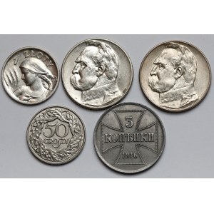 50 groszy - 5 złotych 1923-1935 i 3 kopiejki 1916 - zestaw (5szt)