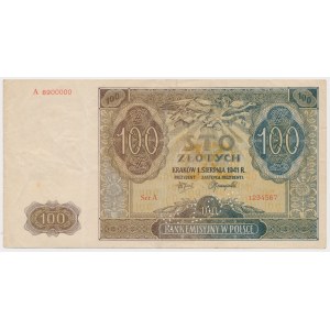 100 złotych 1941 - Ser.A 1234567 / A 8900000 - perforacja WZÓR