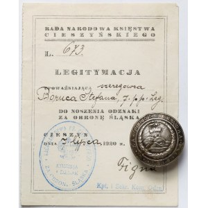 [STEFAN BORUC] Odznak, Za obranu Sliezska 1919 [673] + Legitimácia