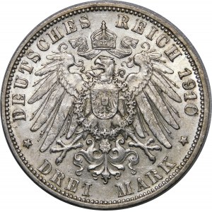 Germany, Württemberg, Wilhelm II, 3 marks 1910 F