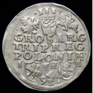 Sigismund III Vasa, Trojak 1597, Poznań - a branch divides the date, three lines