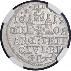 Zygmunt III Waza, Trojak 1619, Ryga - kryza wąska, rurkowata - rzadki i piękny