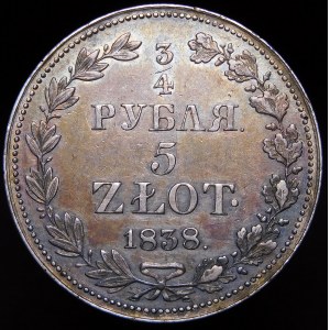 Poland, Russian Partition, 3/4 ruble = 5 zlotys 1838 MW, Warsaw - 2 berries