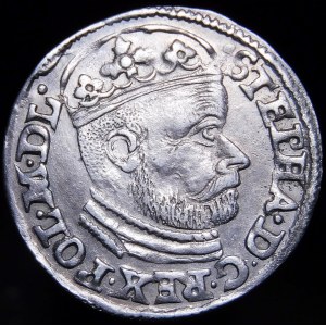 Stefan Batory, Trojak 1585, Olkusz - G-H przy herbach
