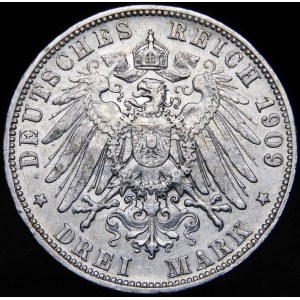 Německo, Württemberg, Wilhelm II, 3 značky 1909 F Stuttgart