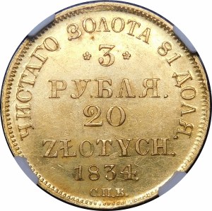 Polska, Zabór rosyjski, 3 ruble = 20 złotych 1834 СПБ/ПД, Petersburg - rzadka