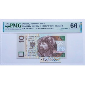 10 złotych 1994 ser. KE 2222222 - SOLID