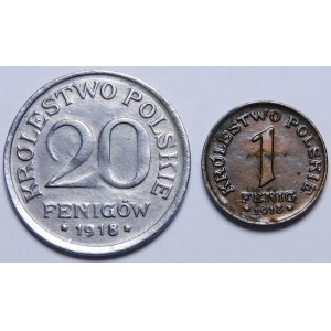 Sada 20 fenigov z roku 1918 a 1 fenig z roku 1918