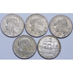 Set of 5 coins 2 gold ( 4x Woman's Head, 1x Sailing ship )