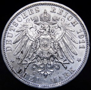 Germany, Saxony, Wilhelm II, 3 marks 1911 A Berlin