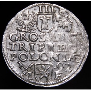 Sigismund III. Vasa, Trojak 1592, Poznań - niedrige Krone, Datum links