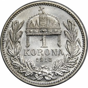 Węgry, Franciszek Józef I, 1 korona 1913 KB, Kremnica - BARDZO RZADKIE