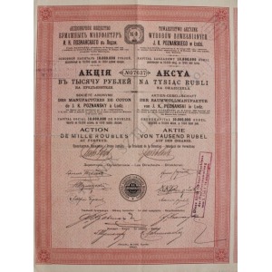 Akcja na 1000 rubli. Towarzystwo Akcyjne Wyrobów Bawełnianych J.K. Poznańskiego w Łodzi (1910)