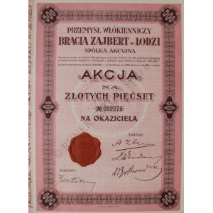 Akcja na złotych 500. Przemysł Włókienniczy Bracia Zajbert w Łodzi (1929)