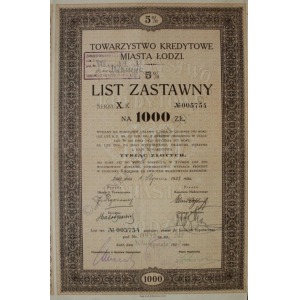 5 % List zastawny na 1000 złotych. Towarzystwo Kredytowe Miasta Łodzi, Serja X (1933)