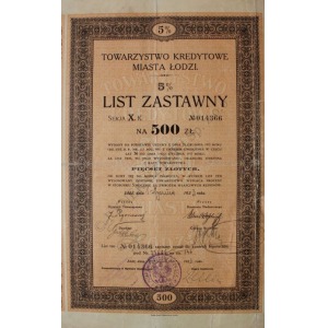 5 % List zastawny na 500 złotych. Towarzystwo Kredytowe Miasta Łodzi, Serja X (1933)