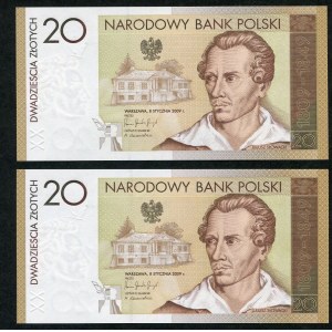 Zestaw banknotów, 20 złotych 2009, Juliusz Słowacki, numery kolejne (2szt.)