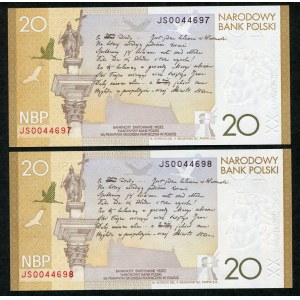 Zestaw banknotów, 20 złotych 2009, Juliusz Słowacki, numery kolejne (2szt.)