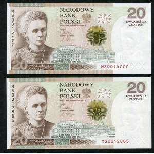 Zestaw banknotów, 20 złotych 2011, Maria Skłodowska-Curie (2szt.)