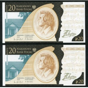 Zestaw banknotów, 20 złotych 2009, Fryderyk Chopin, numery kolejne (2szt.)