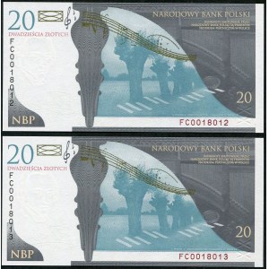 Zestaw banknotów, 20 złotych 2009, Fryderyk Chopin, numery kolejne (2szt.)