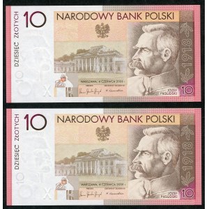 Zestaw banknotów, 10 złotych 2008, Józef Piłsudski, numery kolejne (2szt.)