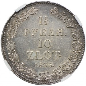 Polska, Zabór rosyjski, Mikołaj I, 1 1/2 rubla=10 złotych 1835 НГ, Petersburg, NGC MS63