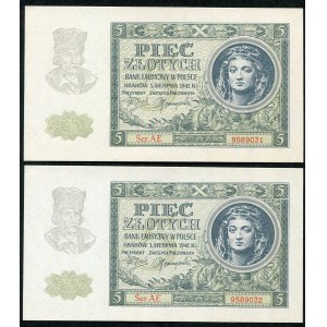 Zestaw banknotów, 5 złotych 1941 ser. AE, kolejne numery seryjne (2szt.)