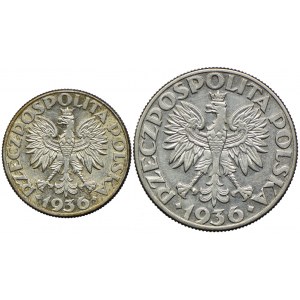 Zestaw II RP, 2 złote, 5 złotych 1936 Żaglowiec (2szt.)