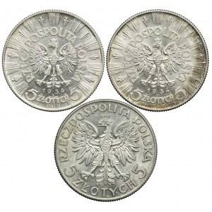 Zestaw II RP, 5 złotych Piłsudski, Głowa Kobiety 1933-1936 (3szt.)