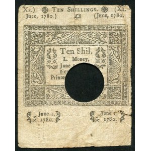 USA, banknot 10 szylingów 1780