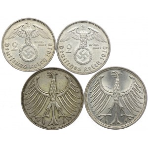 Niemcy, 2 marki 1938, 1939, 5 marek 1961-1970 (4szt.)