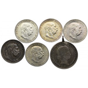 Austro-Węgry, 1 korona 1915, 20 krajcarów 1842 (6szt.)
