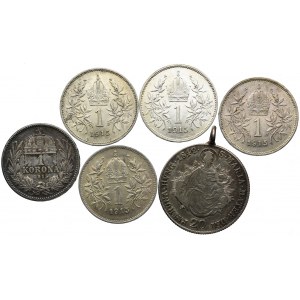Austro-Węgry, 1 korona 1915, 20 krajcarów 1842 (6szt.)