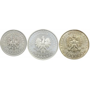 Zestaw monet, 100.000zł 1992 Korfanty, 300.000zł 1994 Powstanie Warszawskie, 100.000zł 1990 Solidarność typ A (3szt.)