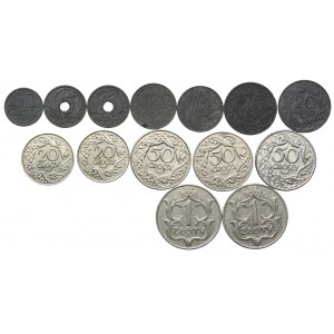 Zestaw, 1, 5, 10, 20 groszy 1923-39, 20, 50 groszy 1923-38, 1 złoty 1929 (14szt.)