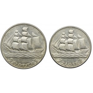 Zestaw II RP, 2 złote, 5 złotych 1936, Żaglowiec (2szt.)