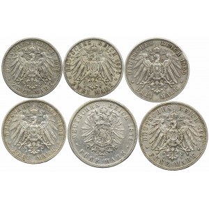Niemcy, Wirtembergia, 2, 3, 5 marek 1876-1909 (6szt.)