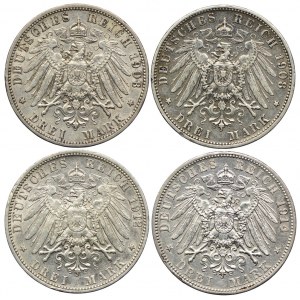 Niemcy, Badenia, 3 marki 1908-1914 (4szt.)